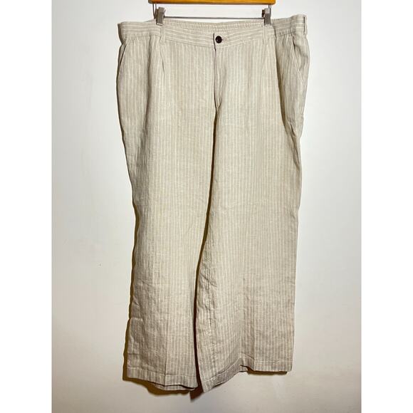 Lands End Plus NWT Tan Stripe High Rise Wide Leg 100% Linen Pleated Pants 22 W - Picture 1 of 9